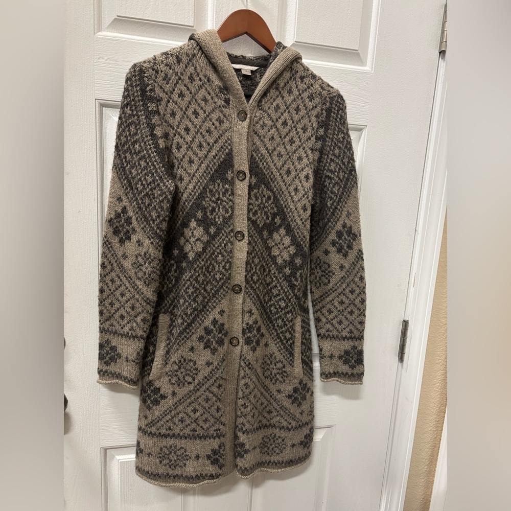 Royal Robbins Alpaca Blend Hooded Sweater Coat Fair Isle Knit Long Button Front